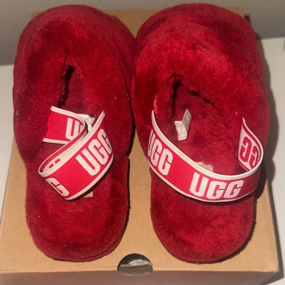 UGG Kids Red Plush Slide Sandals with Branded Heel Strap